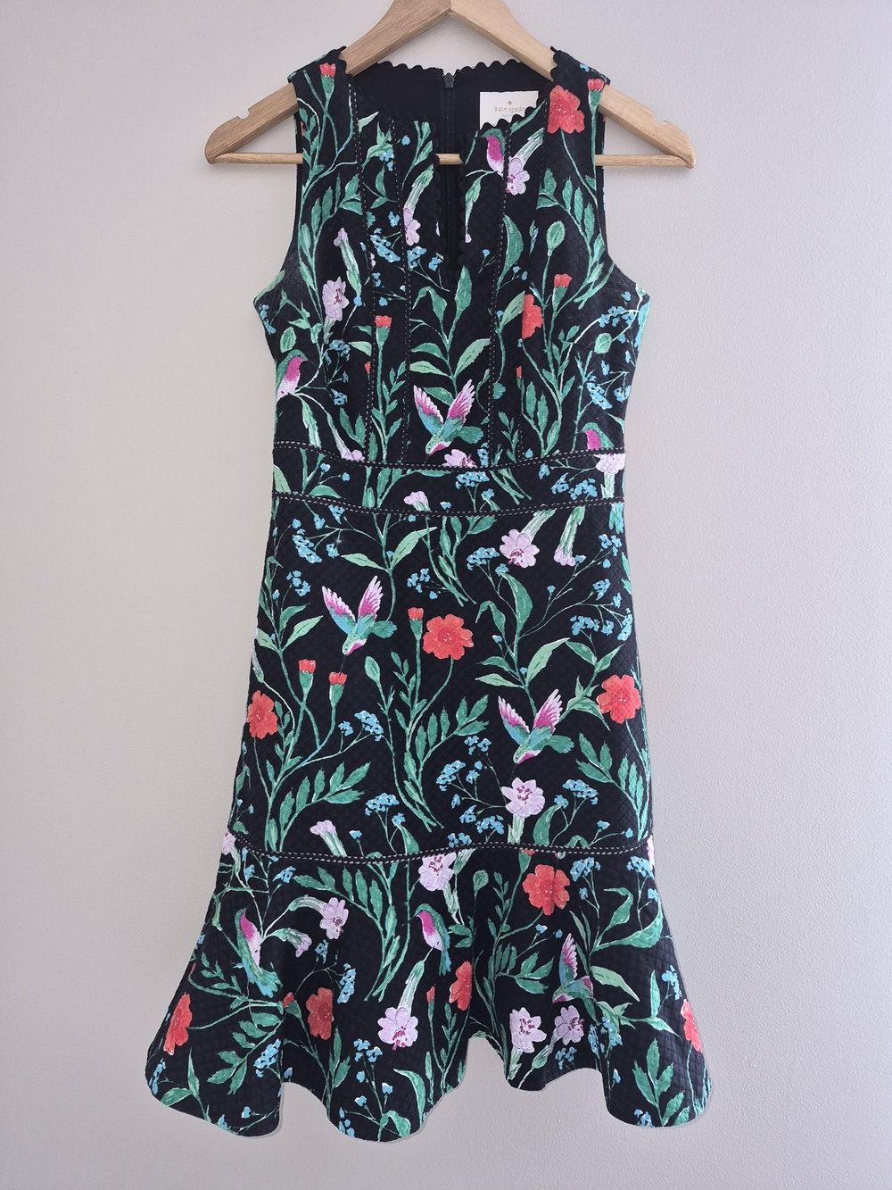 Kate Spade Floral Hummingbird Dress Size 0 Fit & Flare Scalloped Neck